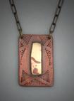 Antiqued copper pendant of textured copper with a smaller Mokume Gane bronze and copper rectangle laying in the center, on a 22” antiqued copper chain.  L= 1”   W= 5/8”.  $130