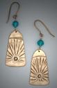 L= 2 ¼�  (including ear wire)  W= ¾� Hand-sculpted Bronze earrings with sunray pattern hanging from blue/green Swarovski crystal