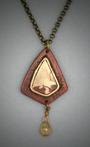 Mokume Gane Pendant with CitrionL=  1 5/8”   W= 1 3/4”;    Pendant with a Small bronze and copper Mokume Gane triangular shape laying on a larger copper textured frame, from which hangs  a 6x4mm Citrion crystal gemstone. 18” antiqued bronze chain.